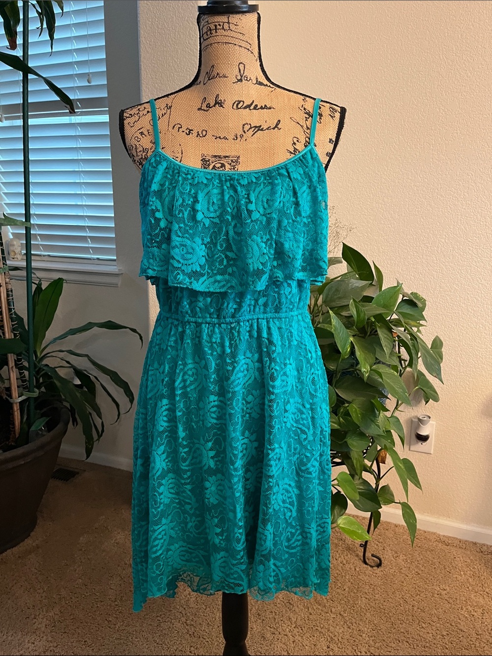 AUW Teal Lace Ruffle Spaghetti-Strap Mini Dress
